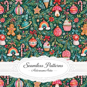 May include: A seamless pattern featuring a dark green background with pine branches, gingerbread people, candy canes, colorful ornaments, rainbows, cupcakes, and mushrooms. A white decorative label with the text Seamless Patterns AeternumArtis.