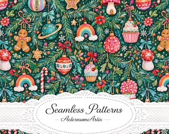 Whimsical Christmas Seamless Pattern, Cute Holiday Ornament Digital Paper, Candy Cane Fabric Design for Christmas Crafts