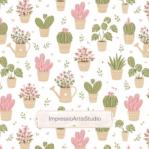 Pode incluir: Um padrão repetitivo sobre um fundo branco com várias plantas em vasos, cactos e regadores em tons de verde, rosa e bege. O texto ImpressioArtisStudio está centralizado numa moldura retangular sobreposta ao padrão.