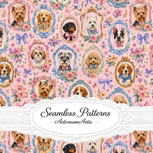 May include: A seamless pattern featuring various dog breeds in ornate frames on a pink background with floral accents and blue bows. The text Seamless Patterns AeternumArlis is centered in a white decorative oval label at the bottom.