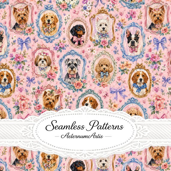 Vintage Dog Portrait Seamless Pattern, Floral Puppy Digital Paper, Pink Cottagecore Fabric Design, Pet Wallpaper Print