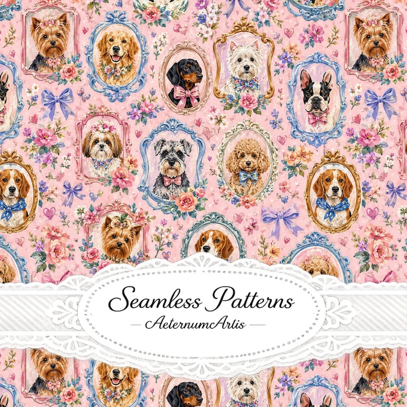 May include: A seamless pattern featuring various dog breeds in ornate frames on a pink background with floral accents and blue bows. The text Seamless Patterns AeternumArlis is centered in a white decorative oval label at the bottom.