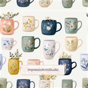 Pode incluir: Padrão repetido de canecas de cerâmica com desenhos florais e cheias de flores. As canecas são em tons de rosa, azul, verde e amarelo, com fundos brancos. O texto "ImpressioArtisStudio" é exibido em uma faixa.