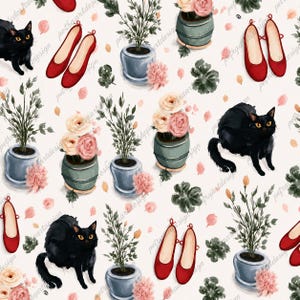 Pode incluir: Um padrão repetitivo com gatos pretos, sapatilhas vermelhas, plantas em vasos e flores cor-de-rosa sobre um fundo creme. O design inclui ilustrações em aquarela de vários elementos.
