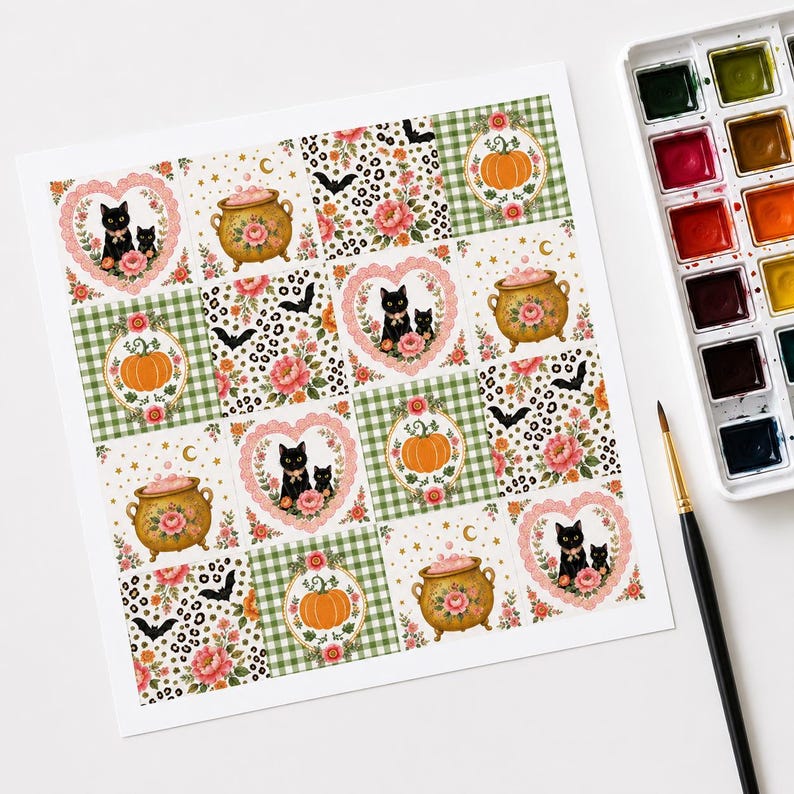 Op de afbeelding: Een vierkant stickervel met een herhalend raster van Halloween-illustraties. De ontwerpen bevatten zwarte katten in roze hartvormige kaders, oranje pompoenen in groen ruitpatroon, gouden ketels, vleermuizen en een luipaardprint.