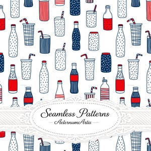 May include: A repeating pattern of hand-drawn beverage containers including bottles and cups with straws in red, white, and blue. The design features various textures like stripes and dots. A white lace-style label reads Seamless Patterns AeternumArtis.