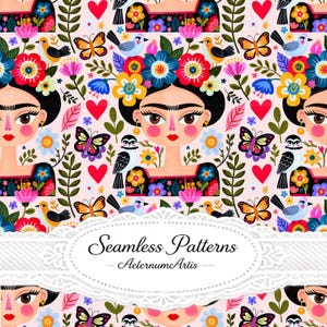 May include: A seamless pattern featuring a repeating illustration of a person with dark hair adorned with a vibrant floral crown, surrounded by colorful birds, butterflies, red hearts, and various flowers on a light pink background.