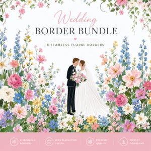 Pode incluir: Uma ilustração digital intitulada "Wedding Border Bundle" com uma noiva e um noivo, rodeados por coloridas flores em aquarela. A imagem inclui o texto "8 Seamless Floral Borders".