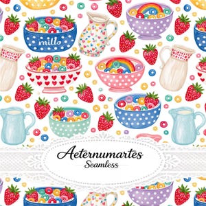 May include: A seamless pattern featuring watercolor illustrations of cereal bowls, milk pitchers, and strawberries on a white background. The bowls contain colorful ring-shaped cereal and rainbows. The text Aeternumartes Seamless is centered.