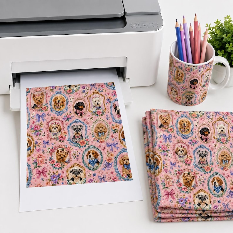 May include: A white printer, a ceramic mug, and a stack of fabric featuring a repeating pattern of various dog breeds inside ornate frames on a pink floral background. The mug contains several colored pencils, and the fabric displays bows and flowers.