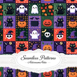 May include: A digital seamless pattern featuring a grid of Halloween icons including black cats, white ghosts, orange jack-o'-lanterns, purple witch hats, skulls, and cauldrons on colorful backgrounds. The text Seamless Patterns AeternumArtis is centered.