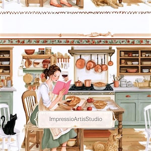 Può includere: Illustrazione di una donna in cucina che legge un libro rosa, con torte, mele e utensili da cucina. Un gatto nero è seduto su una sedia e un golden retriever riposa sul pavimento. L'immagine presenta il testo "ImpressioArtisStudio".