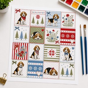 Beagle Patchwork Seamless Pattern, Christmas Puppy Quilt Design, Holiday Dog Fabric Print, Cozy Cottage Digital Paper image 4