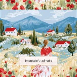 Pode incluir: Uma pintura impressionista de uma paisagem com colinas, casas e montanhas ao fundo. Uma pessoa com um vestido vermelho está olhando para a paisagem. A pintura tem uma borda floral com papoulas vermelhas e o texto "ImpressioArtisStudio".