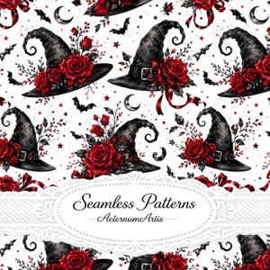 Pode incluir: Um padrão contínuo com chapéus de bruxa pretos adornados com rosas vermelho-escuras, folhagem escura e fitas vermelhas. O design inclui pequenos morcegos pretos, luas crescentes e estrelas num fundo branco. O texto diz Seamless Patterns AeternumArtis.