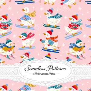 May include: A repeating pattern on a light pink background featuring white ducks wearing colorful winter hats, scarves, and sweaters while skiing with poles. A white oval label with a decorative border displays the text Seamless Patterns AeternumArtis.