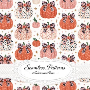Coquette Halloween Pumpkin Seamless Pattern, Pink Leopard Bow Pumpkins Digital Paper, Cute Halloween Fabric Design Seamless Repeat Wallpaper