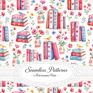 Pode incluir: Um padrão contínuo com ilustrações em aguarela de pilhas de livros, vasos cheios de flores cor-de-rosa e vermelhas, e pequenos pássaros. O design inclui motivos de corações e padrões florais num fundo branco com o texto Seamless Patterns AeternumArtis.