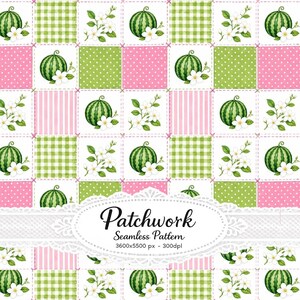 May include: A seamless patchwork pattern featuring alternating squares of green gingham, pink polka dots, and pink stripes. Each square contains illustrations of watermelons and white blossoms. The text Patchwork Seamless Pattern 3600x5500 px - 300dpl is centered.
