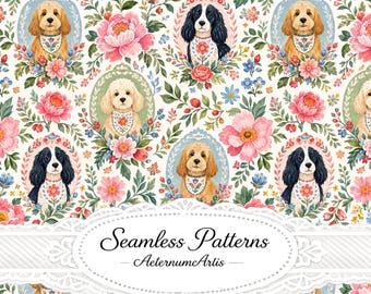 Floral Dog Seamless Pattern, Cottagecore Puppy Fabric Design, Grandmillennial Pet Digital Paper, Wallpaper and Quilting Print