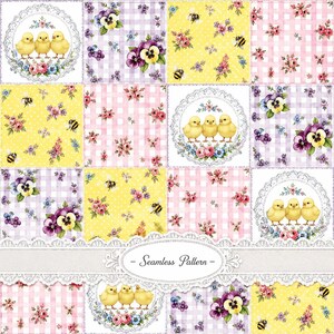 May include: A seamless pattern featuring a grid of repeating squares with illustrations of yellow chicks in lace wreaths, purple pansies on a light purple gingham background, bees on a yellow polka dot field, and pink roses on pink gingham.
