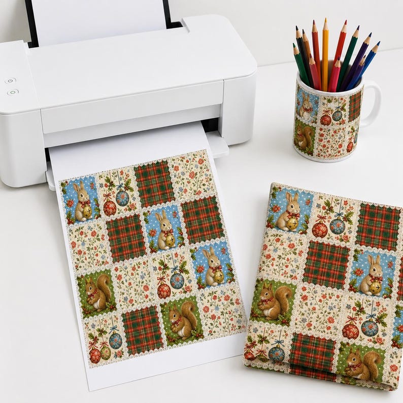 May include: A white printer, a mug filled with colored pencils, and a folded fabric square, all featuring a repeating pattern of squirrels, rabbits, floral motifs, and Christmas ornaments in red, green, blue, and cream colors.