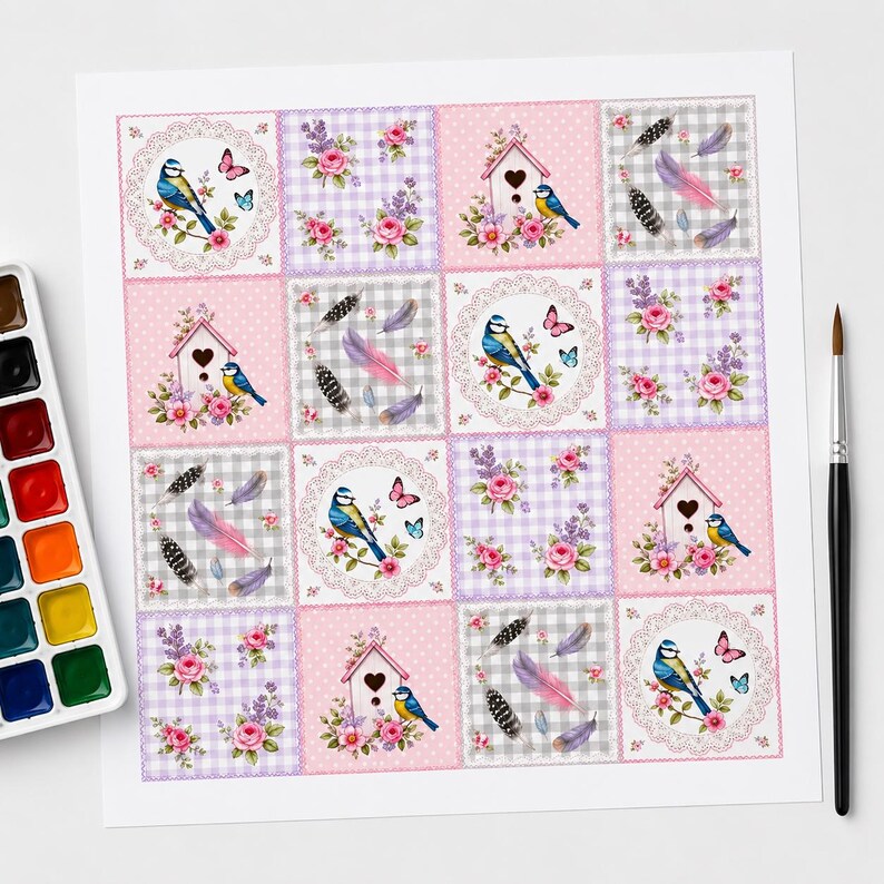 Motif patchwork d'oiseaux sans couture, papier numérique merle bleu style cottagecore, imprimé floral pour tissu patchwork, motif printanier shabby chic, 3600 x 3600 px, 300 ppp image 3