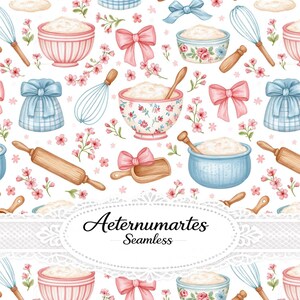 Peut inclure: Un motif répétitif composé d'ustensiles de pâtisserie, dont des rouleaux à pâtisserie en bois, des fouets, des pelles et des bols remplis de farine, agrémenté de fleurs roses et de nœuds bleu clair. Le texte Aeternumartes Seamless est centré.