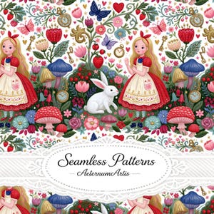May include: A seamless pattern featuring a blonde character in a red dress, a white rabbit, red and blue mushrooms, strawberries, butterflies, pocket watches, and keys on a white background. The text Seamless Patterns AeternumArtis is centered.