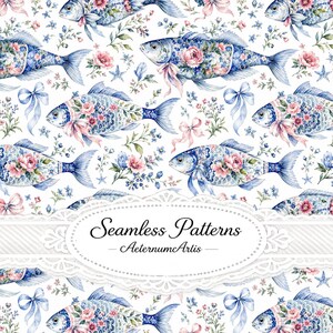 Pode incluir: Um padrão contínuo com peixes azuis e brancos decorados com motivos florais cor-de-rosa e fitas, intercalados com pequenas flores azuis e cor-de-rosa. Uma etiqueta oval branca central contém o texto Seamless Patterns AeternumArtis.