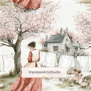 Puede incluir: Ilustración en acuarela de una mujer con un vestido largo cerca de un tendedero con sábanas blancas. Una casa de campo y árboles en flor se encuentran en el fondo. La imagen tiene una estética suave y vintage. El texto "ImpressioArtisStudio" está en una pancarta.