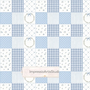 Pode incluir: Um padrão de patchwork com quadrados alternados em azul claro e branco. Os designs incluem xadrez vichy, bolinhas, flores, grades de diamantes com pequenos corações e coroas circulares com laços azuis. O texto diz ImpressioArtisStudio.