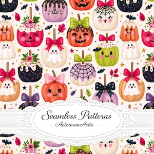 Cute Halloween Candy Apples Seamless Pattern, Kawaii Pumpkin Fabric Design, Spooky Sweet Digital Paper, Fall Surface Pattern