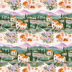 Könnte beinhalten: Ein sich wiederholendes Muster mit einer Aquarellillustration einer französischen Landschaftsszene. Das Design umfasst Häuser mit orangefarbenen Dächern, Berge, Blumen und Frühstücksartikel wie Croissants und Saft. Der Text "Impressio sartissstudio" ist sichtbar.
