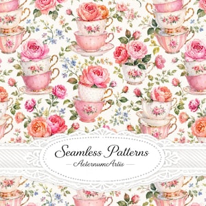 Pode incluir: Um padrão contínuo com pilhas de chávenas de chá cheias de rosas cor-de-rosa e cor de laranja, intercaladas com pequenas flores azuis e folhas verdes sobre um fundo creme. Uma etiqueta com rebordo de renda branca exibe o texto Seamless Patterns AeternumArlis.