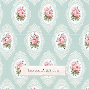 Pode incluir: Um padrão repetitivo com molduras ovais com buquês de rosas cor-de-rosa em um fundo azul claro. As molduras são cercadas por desenhos brancos, ornamentados, semelhantes a rendas. O texto "ImpressioArtisStudio" é exibido em uma faixa branca na parte inferior.