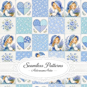 Pode incluir: Um padrão de tecido repetitivo com ilustrações de crianças com toucas azuis segurando cestas de flores, quadrados de patchwork em forma de coração azul e motivos florais azuis. O texto Seamless Patterns AeternumArtis está centralizado numa moldura oval branca.