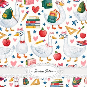Puede incluir: Un patrón continuo con gansos blancos de picos y patas naranjas, algunos con gafas y lazos. El diseño incluye mochilas verdes, pilas de libros coloridos, manzanas rojas con caras, lápices amarillos, reglas y corazones de color rosa.