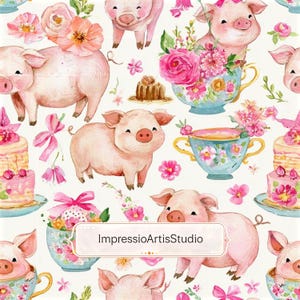 May include: Watercolor illustration featuring pink pigs, teacups, cakes, and flowers on a white background. The pigs are adorned with floral accents. The teacups are filled with flowers. The image has the text "ImpressioArtisStudio".