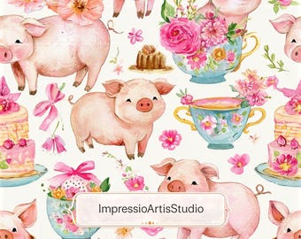 Cute Piggy Teacup Seamless Pattern | Watercolor Pig Digital Paper | Floral Pig Fabric Print | Cottagecore Pig Pattern | Printable Seamless