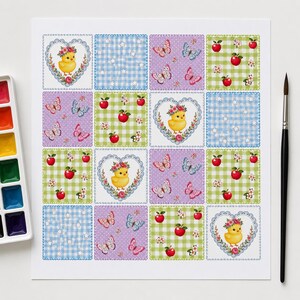 May include: A square sheet of paper featuring a sixteen-grid pattern of illustrations including yellow chicks in floral heart frames, blue gingham with white stars, purple backgrounds with colourful butterflies, and green gingham with red apples.
