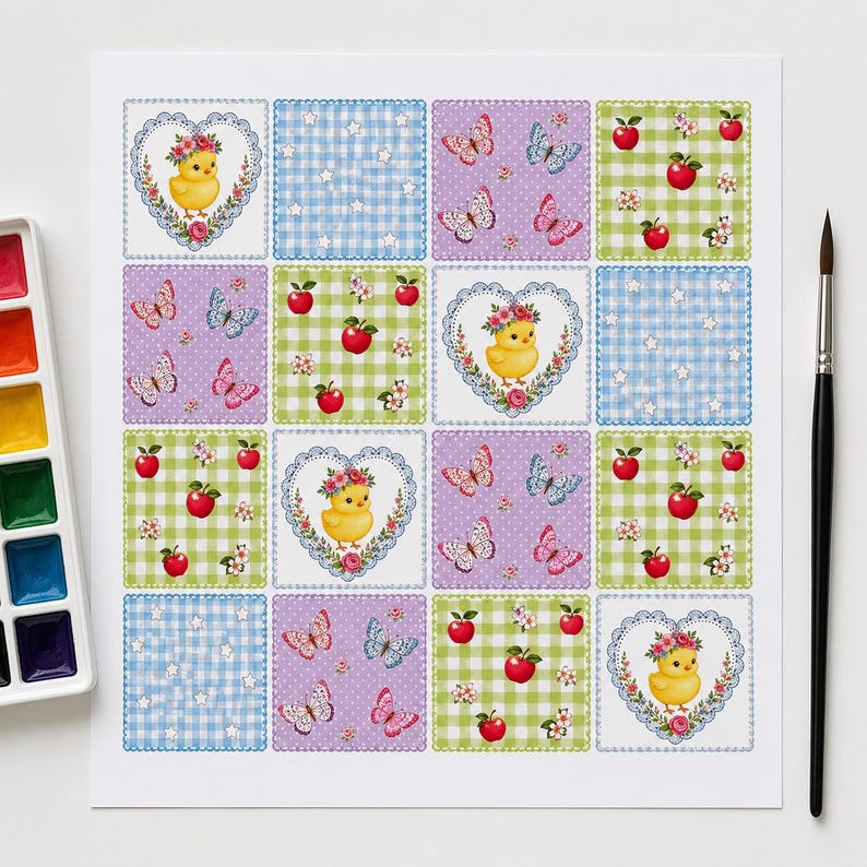 May include: A square sheet of paper featuring a sixteen-grid pattern of illustrations including yellow chicks in floral heart frames, blue gingham with white stars, purple backgrounds with colourful butterflies, and green gingham with red apples.