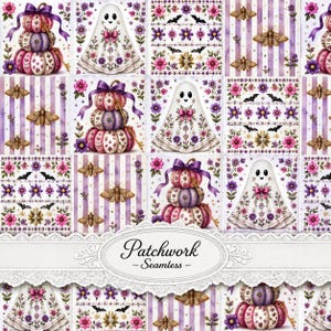 Nahtloses Halloween-Muster, florales Geister-Kürbis-Patchwork-Digitalpapier, niedlicher Halloween-Stoffdruck, 300 DPI JPG