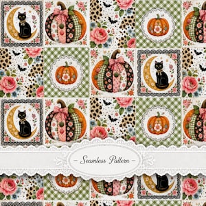 May include: A seamless pattern featuring a grid of squares with black cats on yellow crescent moons, pumpkins with bows, pink roses, leopard print, and bats. The design includes lace-trimmed borders and a central white oval label with the text Seamless Pattern.