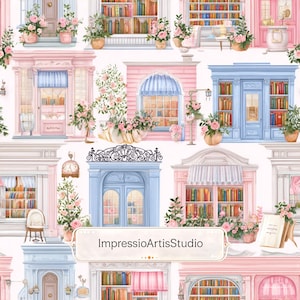 Pode incluir: Ilustração em aquarela com um padrão repetido de encantadoras fachadas de lojas e portas em rosa pastel e azul. Cada loja é adornada com arranjos florais e cheia de livros. O texto "ImpressioArtisStudio" é exibido em uma faixa.