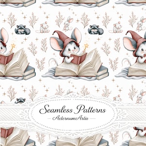 Könnte beinhalten: Ein nahtloses Muster mit Illustrationen von Mäusen in braunen spitzen Hüten, die offene Bücher lesen und goldene Sternenstäbe halten. Das Design enthält kleine Waschbären, weiße Mäuse und braune Zweige auf weißem Grund mit dem Text Seamless Patterns AeternumArtis.