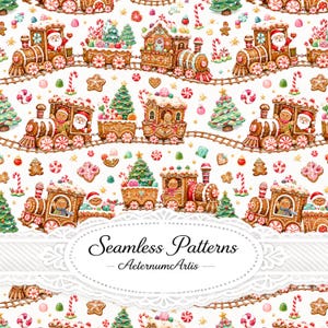 Pode incluir: Um padrão contínuo com comboios de pão de mel, figuras do Pai Natal, árvores de Natal decoradas e bengalas doces num fundo branco. O design inclui casas de pão de mel e vários doces natalícios, com o texto Seamless Patterns AeternumArtis centrado numa moldura oval branca.
