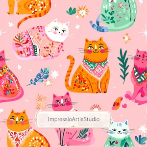 Peut inclure: Motif répété de chats colorés et stylisés sur fond rose. Les chats sont ornés de motifs décoratifs et d'accessoires aux tons orange, rose, vert et bleu. L'image comprend le texte "ImpressioArtisStudio".