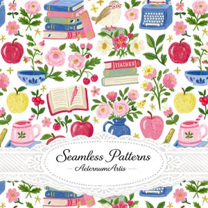 Pode incluir: Um padrão contínuo com ilustrações de pilhas de livros, um pássaro de óculos, uma máquina de escrever azul, maçãs vermelhas e amarelas, canecas cor-de-rosa e arranjos florais. O design inclui um livro aberto com uma caneta rosa e livros com a palavra Teacher.