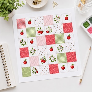 Puede incluir: Una hoja de papel cuadrada con un patr&oacute;n de cuadr&iacute;cula de cuadrados alternos. El dise&ntilde;o incluye cuadros vichy rojos y blancos, cuadros vichy verdes y blancos, lunares rojos, rayas rojas y cuadrados blancos decorados con manzanas rojas y flores.